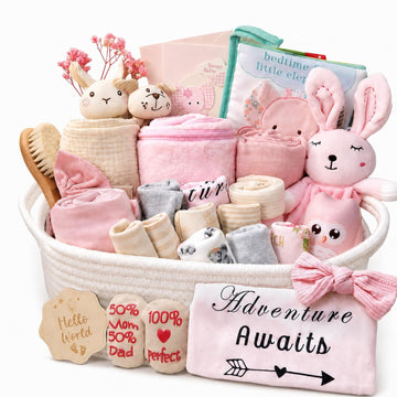 Ultimate Baby Girl Shower Gift Basket Set - Newborn Essentials, Large Pink Gift Basket With Rattle, Swaddle, Diaper