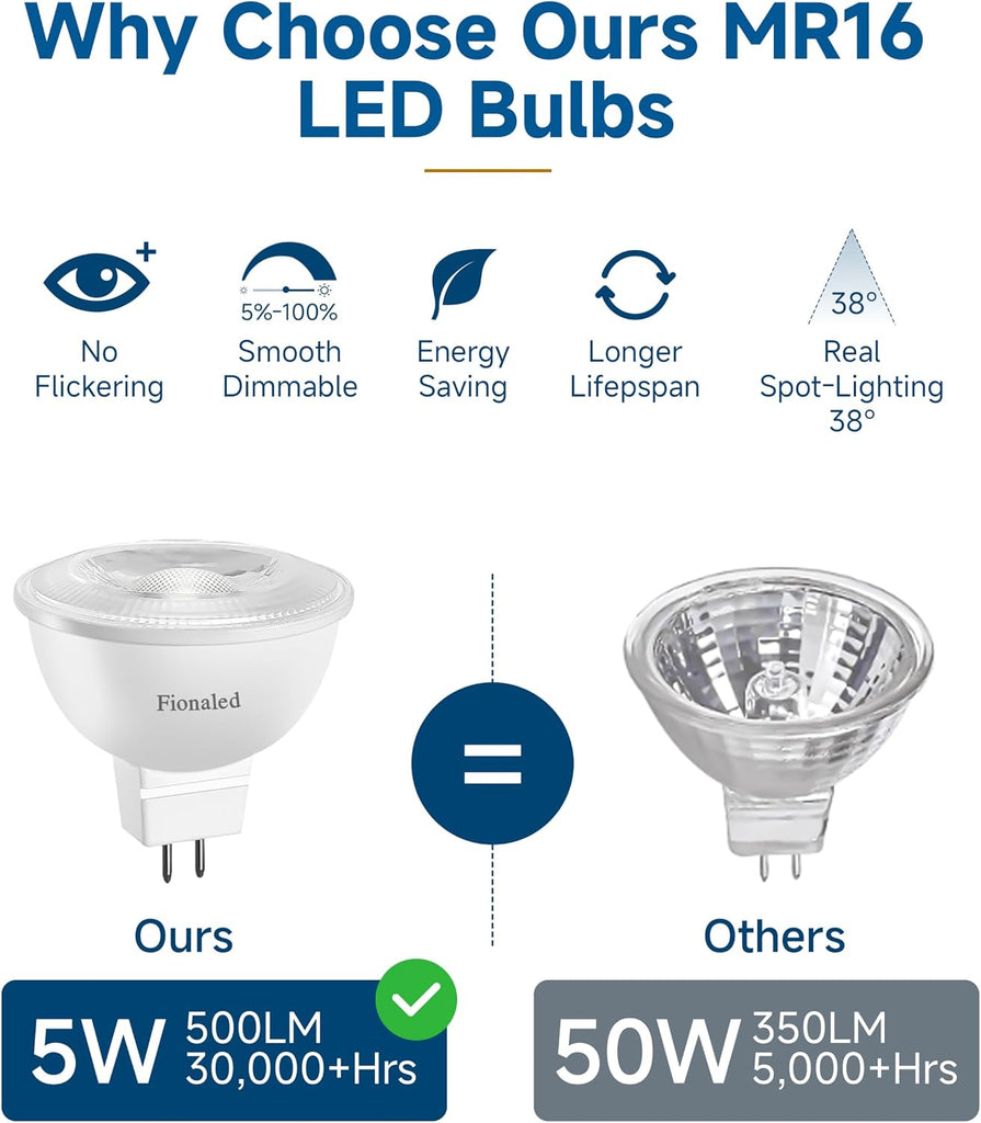 MR16 LED Bulbs Dimmable, 5W=50W, 2700K Warm, 12V GU5.3, 10PACK