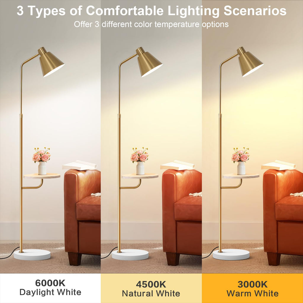 Gold Brushed Floor Lamp with Side Table Bedroom, Modern Standing Lamp 12W LED 3-Color Dimmable 3000K/4500K/6500K