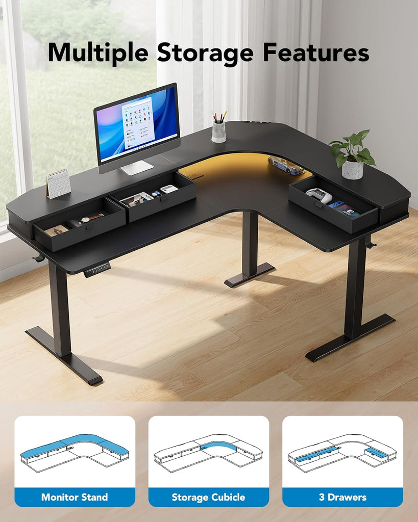 65′′ L Shaped Standing Desk with 3 Drawers, Adjustable, Black | Built-in Power Outlets, LED Strip, Smooth Electric