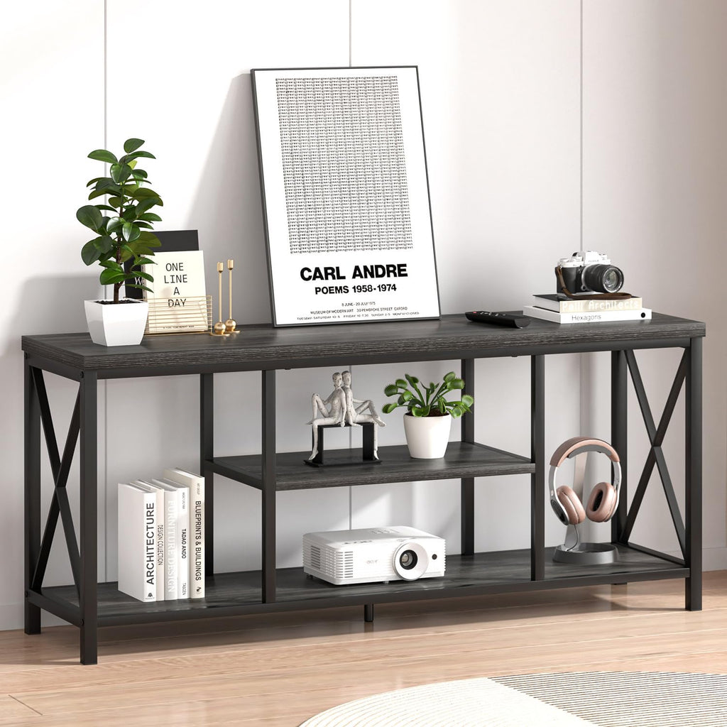 Modern TV Stand for TV up to 65 Inch, Rustic Wood Entertainment Center with Storage Shelves, Industrial Media TV