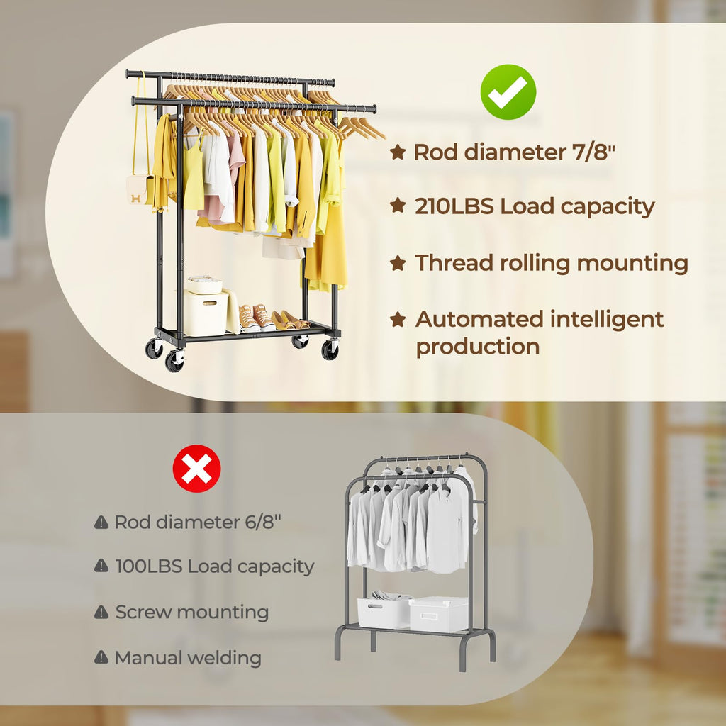 Double Rods Clothes Rack, Rolling Clothing Rack for Hanging Clothes Portable Wardrobe, Metal Garment Rack Sturdy Coat
