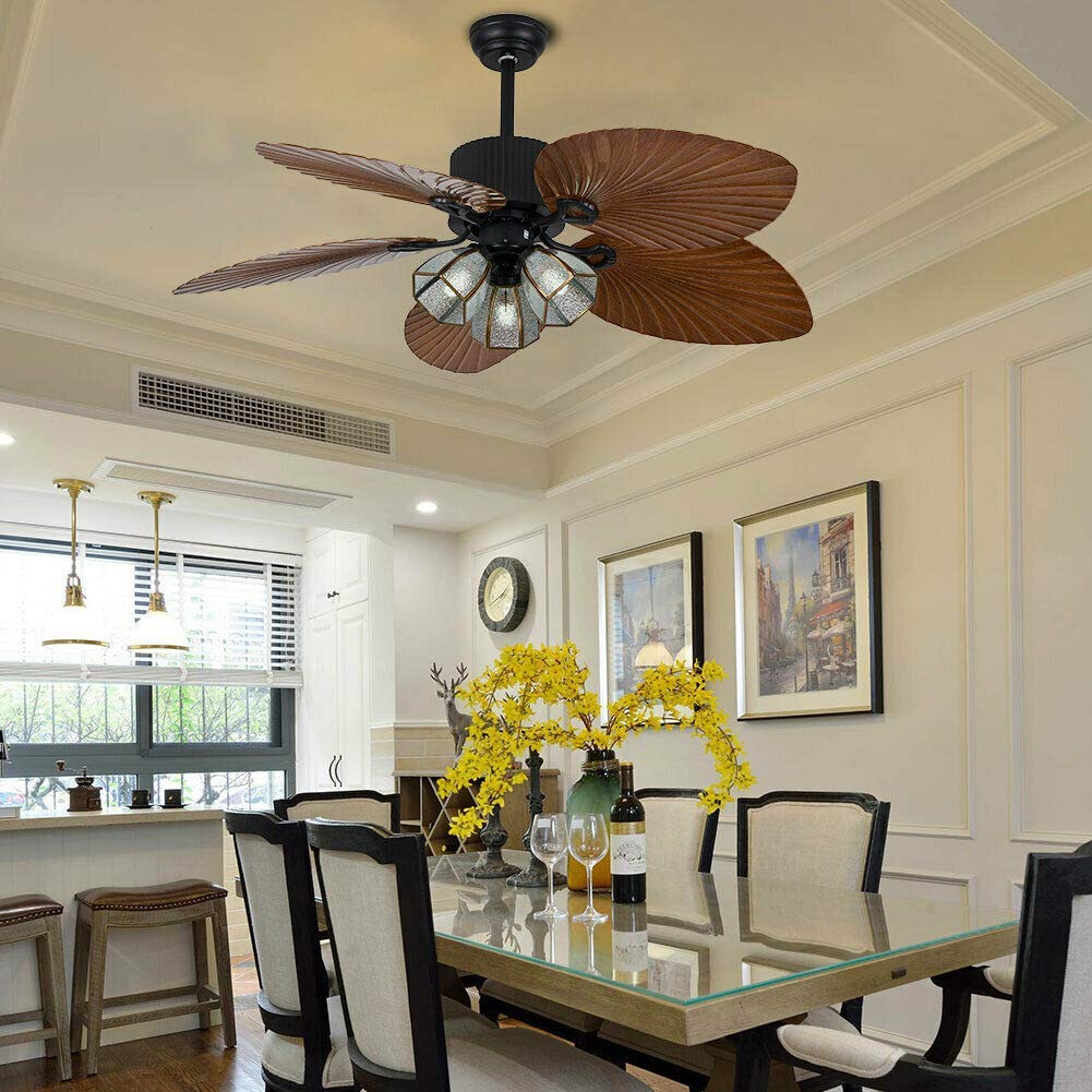 Palm Ceiling Fan Light, 52 Inch Remote Control Ceiling Fan Chandelier 5 Bronze Royal Palm Leaf Shape Blades Fixtures