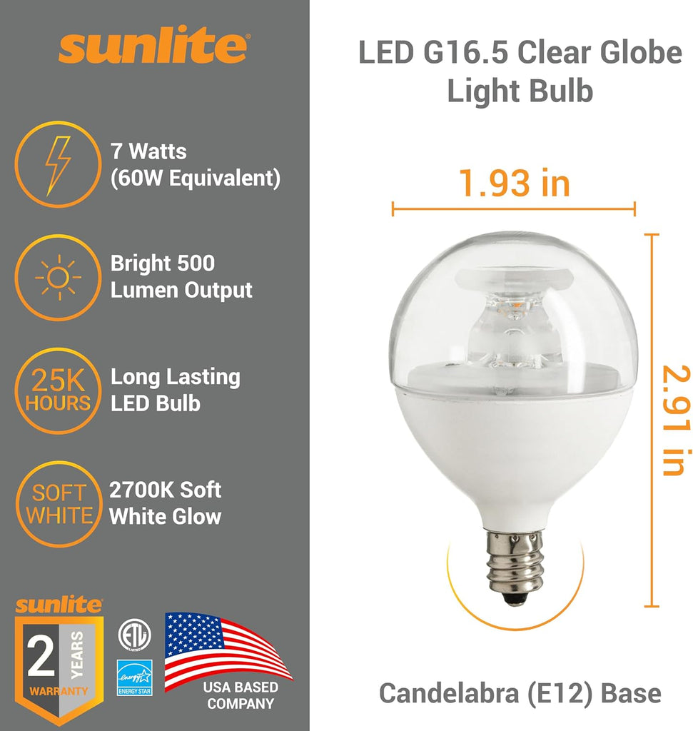 G16.5 Light Bulb LED, 7 Watts (60W Equiv.), 500 Lumens, Dimmable, Type G Globe Shape E12 Candelabra Base, Short Bulbs