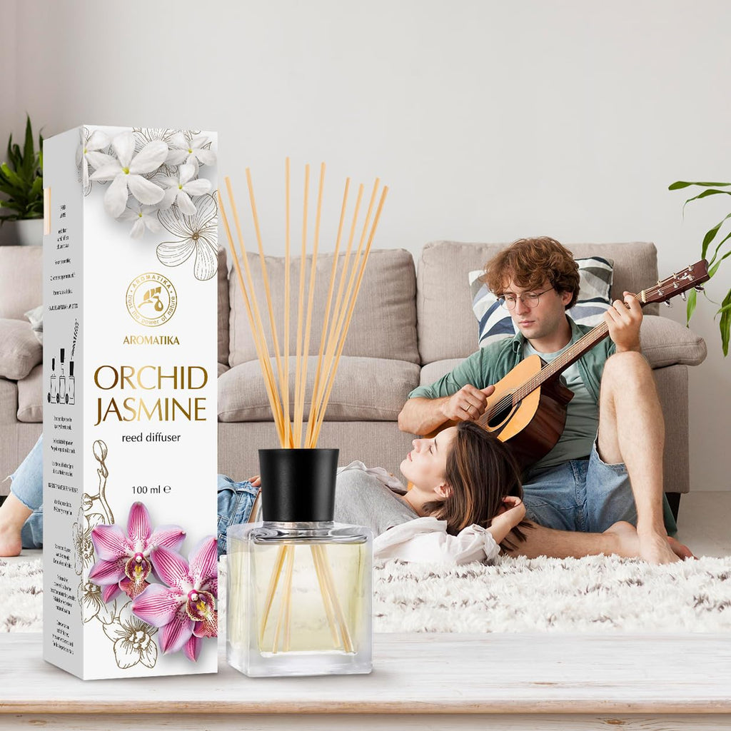 Reed Diffuser Orchid-Jasmine 3.4 Fl Oz - Fresh & Long Lasting Fragrance - Gift Set with 10 Bamboo Sticks - Good for