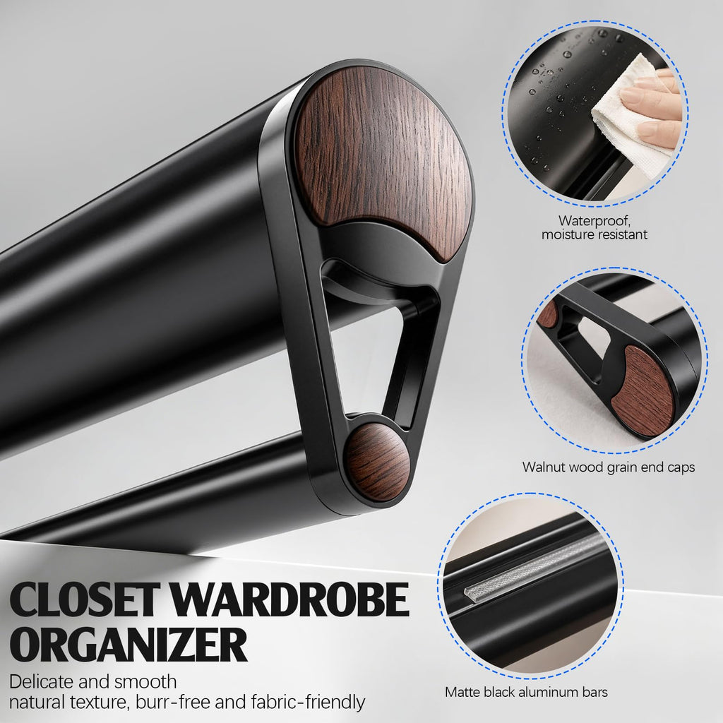 Valet Rod for Closet Pull Out, Adjustable Pants Rack, Walnut Wood Grain