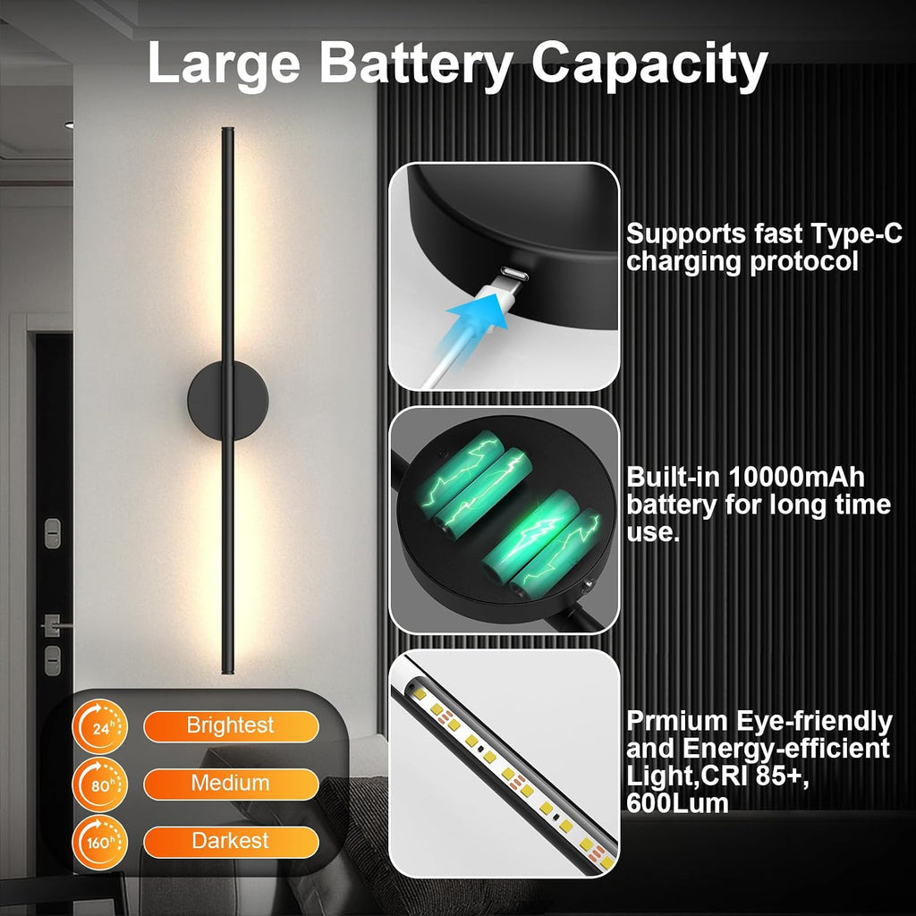 Battery Operated Wall Sconces Set of Two, Rechargeable Wall Lights with Remote Control, Dimmable 3000K-6000K LED Wall
