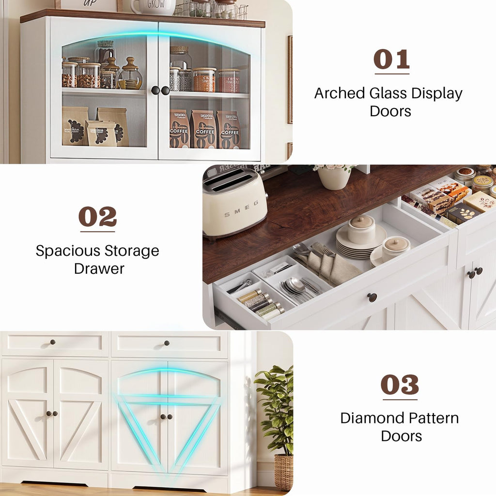 71" Kitchen Pantry Cabinet with LED Light and Outlet, Kitchen Hutch
