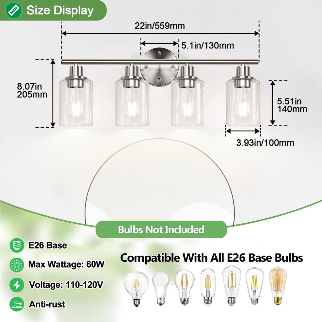 4-Light Bathroom Light Fixtures, Brushed Nickel Modern Vanity Lights Over Mirror with Clear Glass Shade, Bathroom