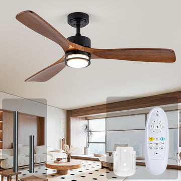 Inspired Maverick Style 52" Outdoor Ceiling Fan with Light, 3 Walnut Solid Wood Blade, Remote Control, 3CCT Dimmable