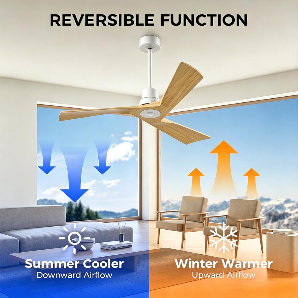 Inspired Adler Style 52" Solid Wood Ceiling Fan Without Light, 3 Sculpted Blades, Quiet DC Motor, 6-Speed Remote - White and Natural Wood