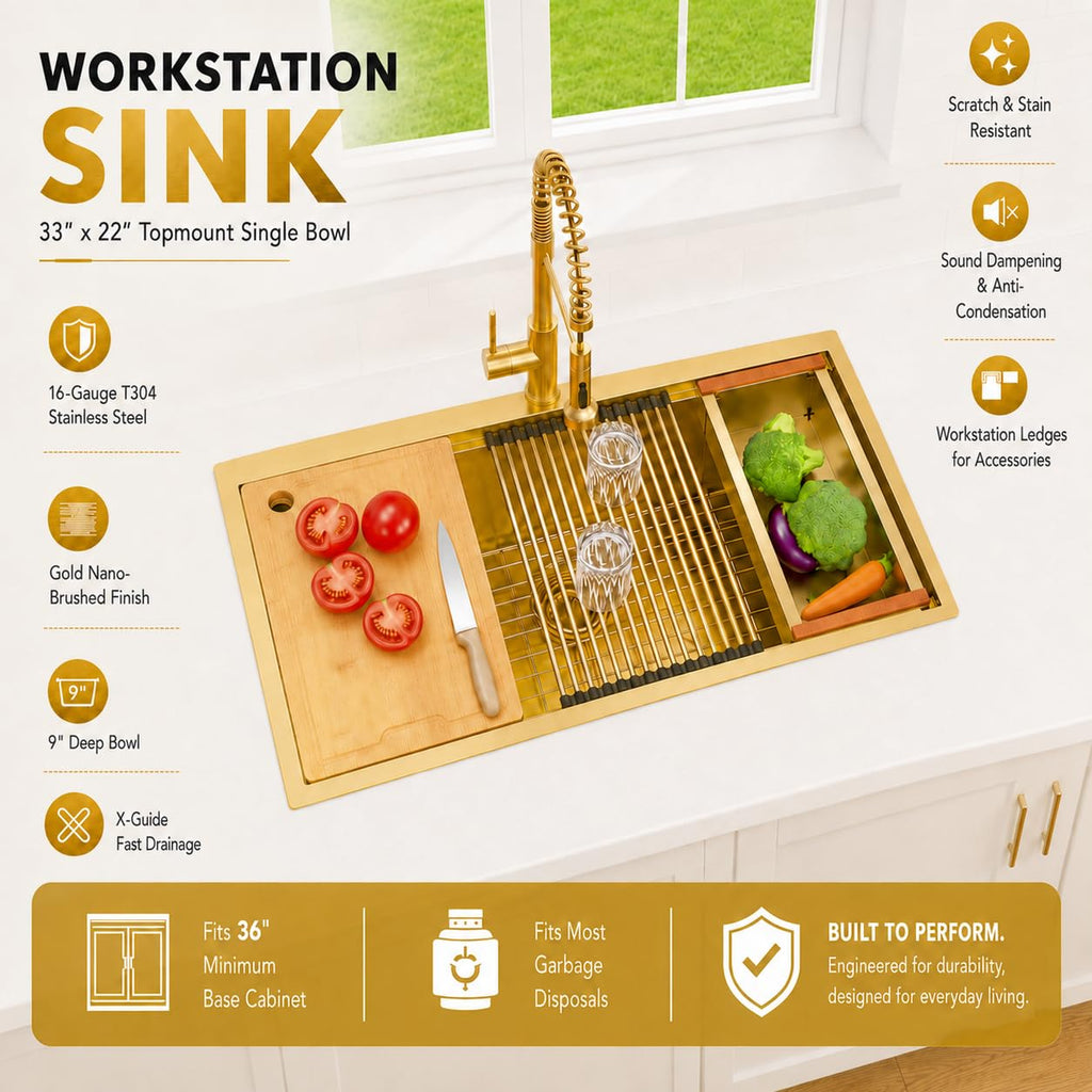 33" X 22" Drop In Gold Kitchen Sink, Single Bowl Top Mount Kitchen Sink, 16 Gauge Stainless Steel Workstation Sinks