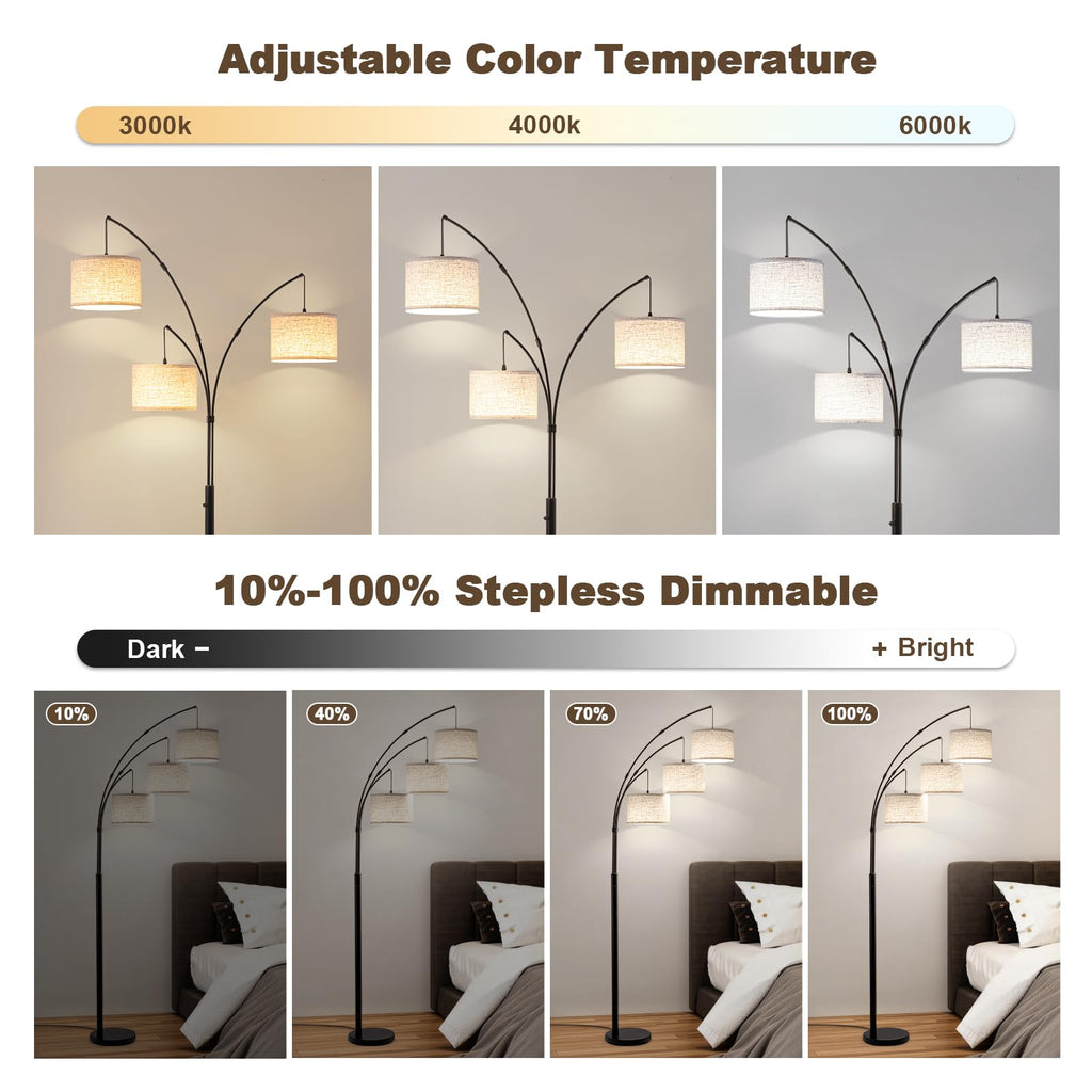 Arc Floor Lamp with Remote, 3 Light Floor Lamp Bright Lighting, 3 Color Temperature, Dimmable Tall Standing Lamp, Mid