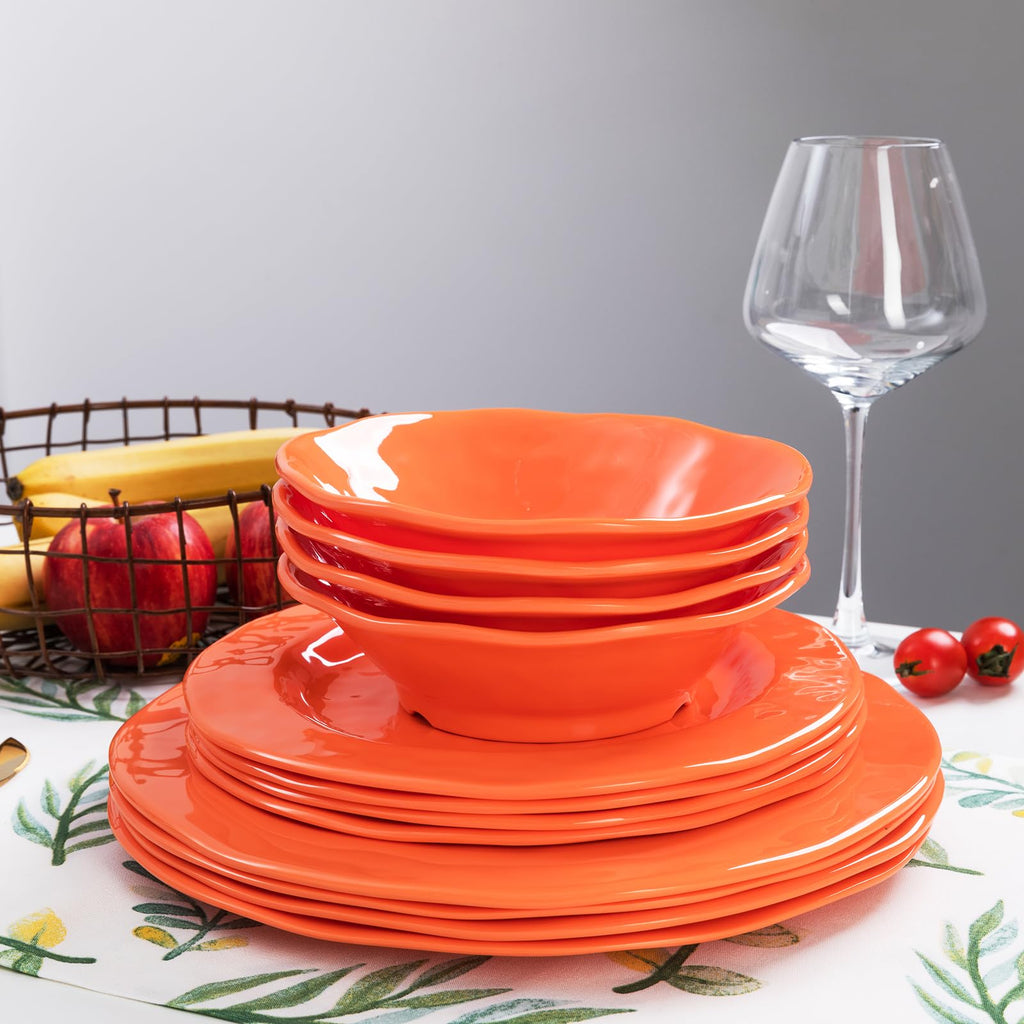 Orange Melamine Dinnerware Set, 12 Piece Kitchen Tableware Plates Bowls Dishes Set, Lightweight Unbreakable
