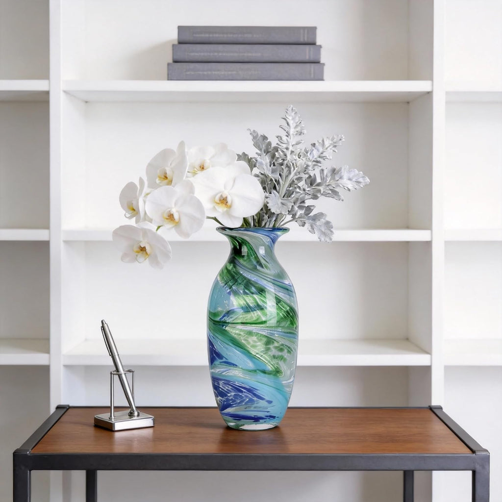 Hand Blown Glass vase, Blue Green Wide Mouth vase, Contemporary Glass Art Suitable for Display on Living Room Dining