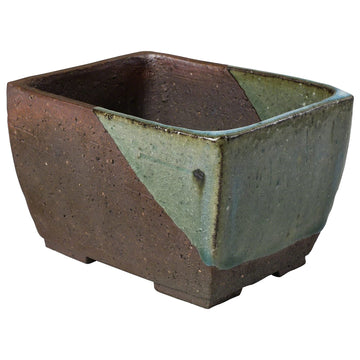 Tokoname Rectangular Bonsai Pot 5.3in, Handmade, Brown and Green