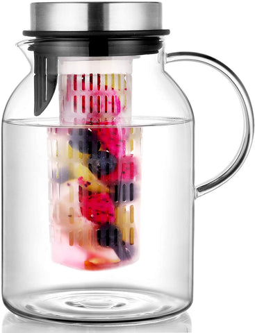 Glass Water Pitcher, Fruit Infuser Pitcher with Removable Lid, High Heat Resistance Infusion Carafe for Hot/Cold