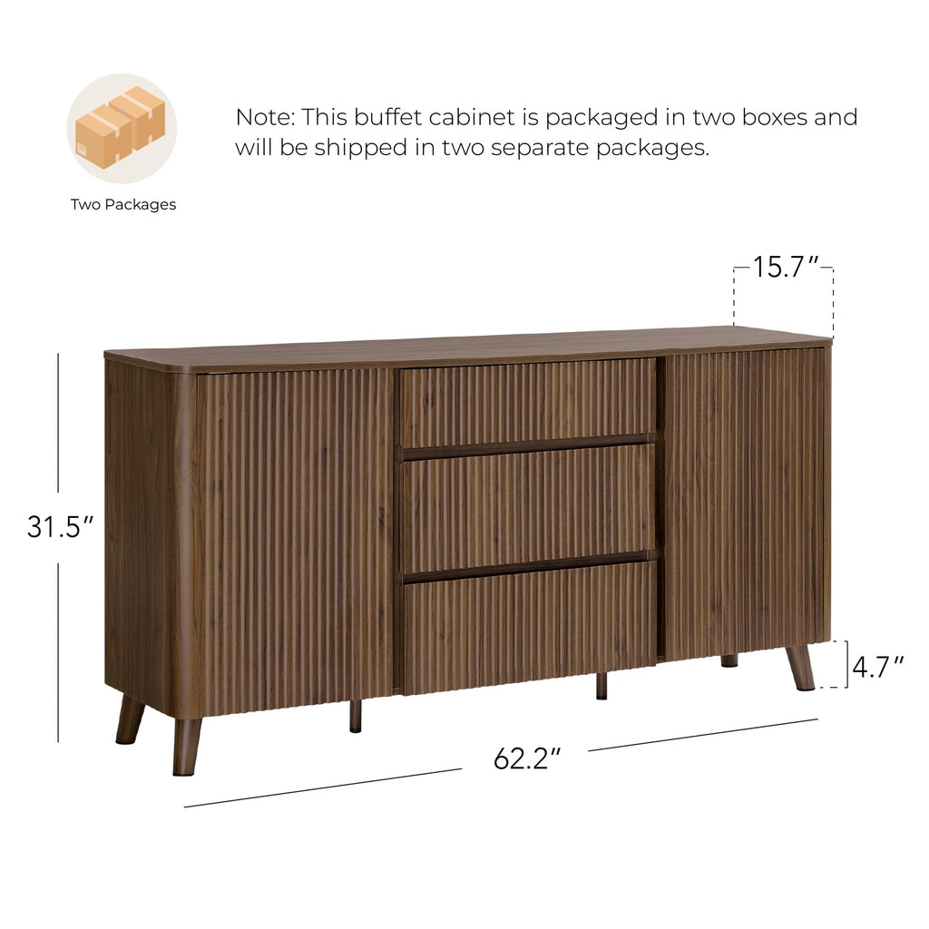 62" Fluted Sideboard Buffet Cabinet with 3 Drawers, Walnut