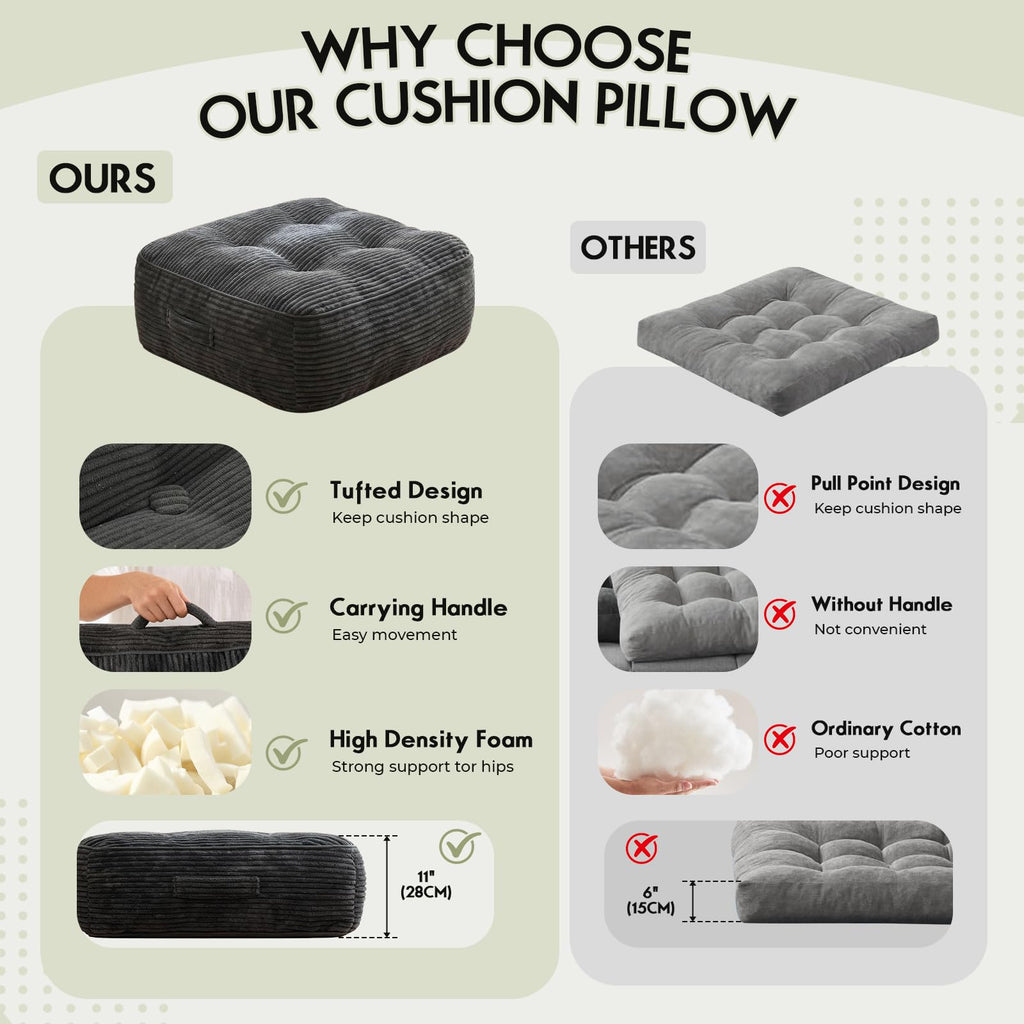 11" Thick Washable Floor Pillow for Adults, Yoga & Meditation Cushion with Handle, Square Large Pillows Seating with