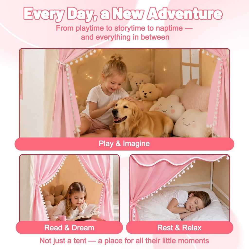 Kids Play Tent Indoor Playhouse, Princess Tent with Mat & Star Lights Pink