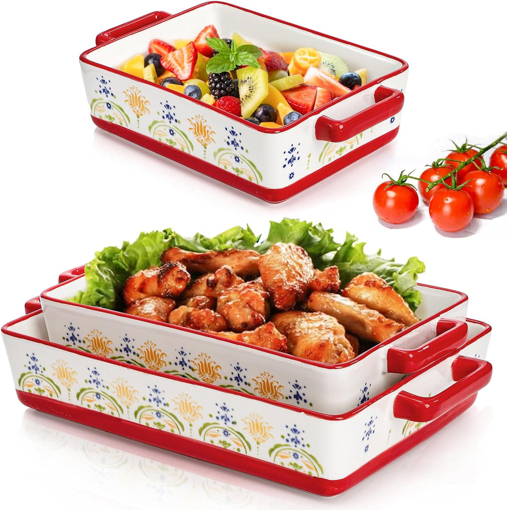 Set of 3 Ceramic Dishes, Rectangular Casserole Dish for Oven, Ceramic Bakeware Lasagna Pan Deep with Handles for