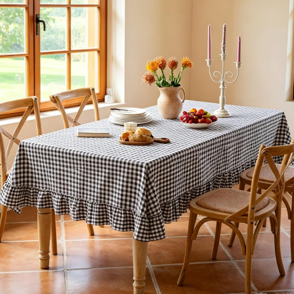 Black White Buffalo Plaid Rectangle Tablecloth with Ruffle Edge, Farmhouse Linen Blend Decorative Table Cover
