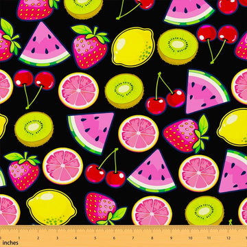 Cute Fruit Fabric By The Yard, Cartoon Strawberry Cherry Upholstery Fabric, Colorful Food Lemon Watermelon Grapefruit