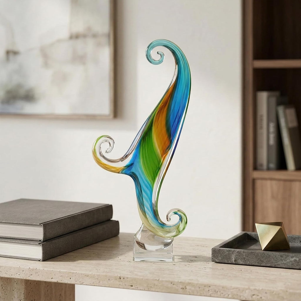 16.9in Tall Glass Wave Sculpture Hand Blown Art Figurine Abstract Twist Statue Decor Living Room Shelf Mantel