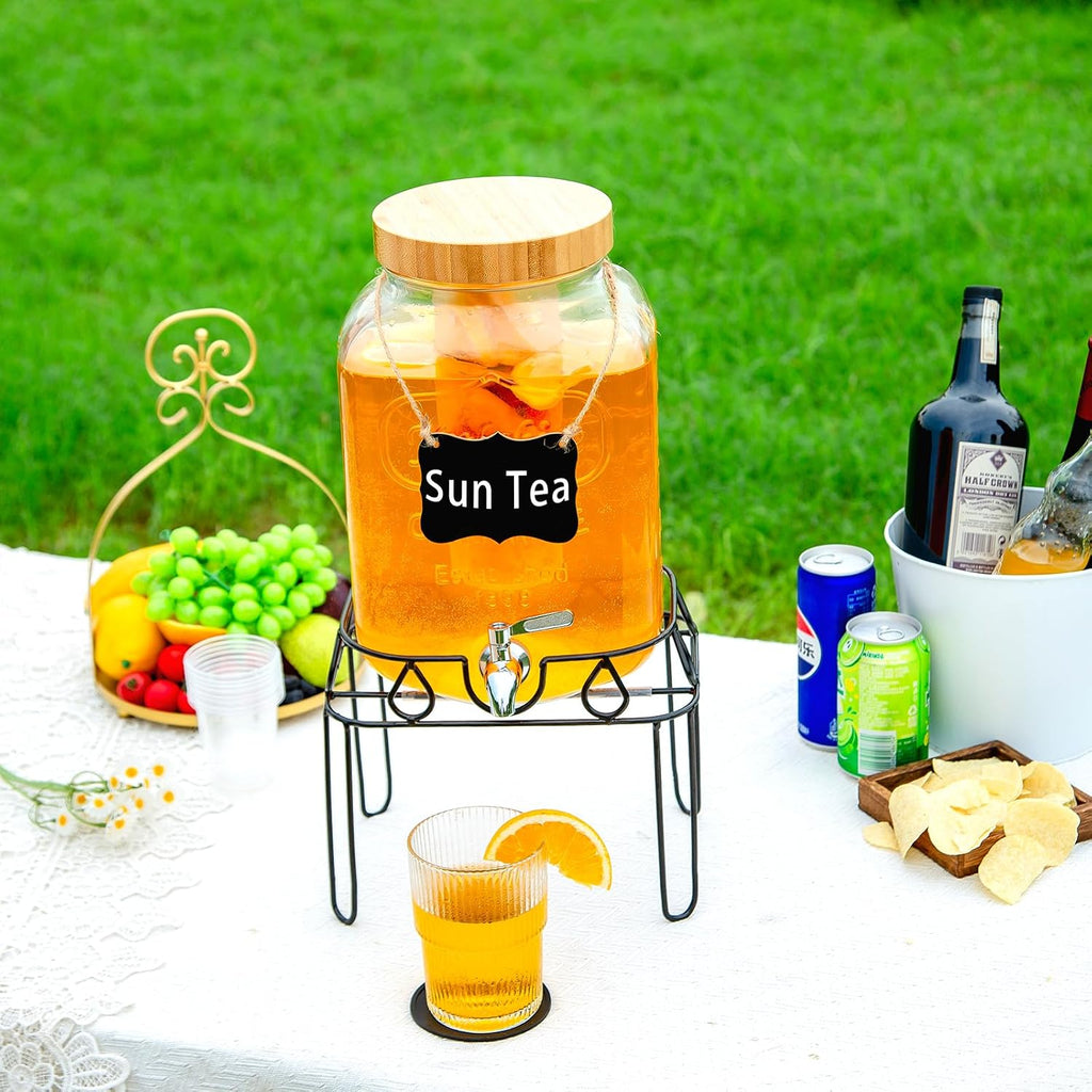 2 Gallon Glass Drink Dispenser with Stand and Bamboo Lid, Lemonade Dispenser with Stainless Steel Spigot