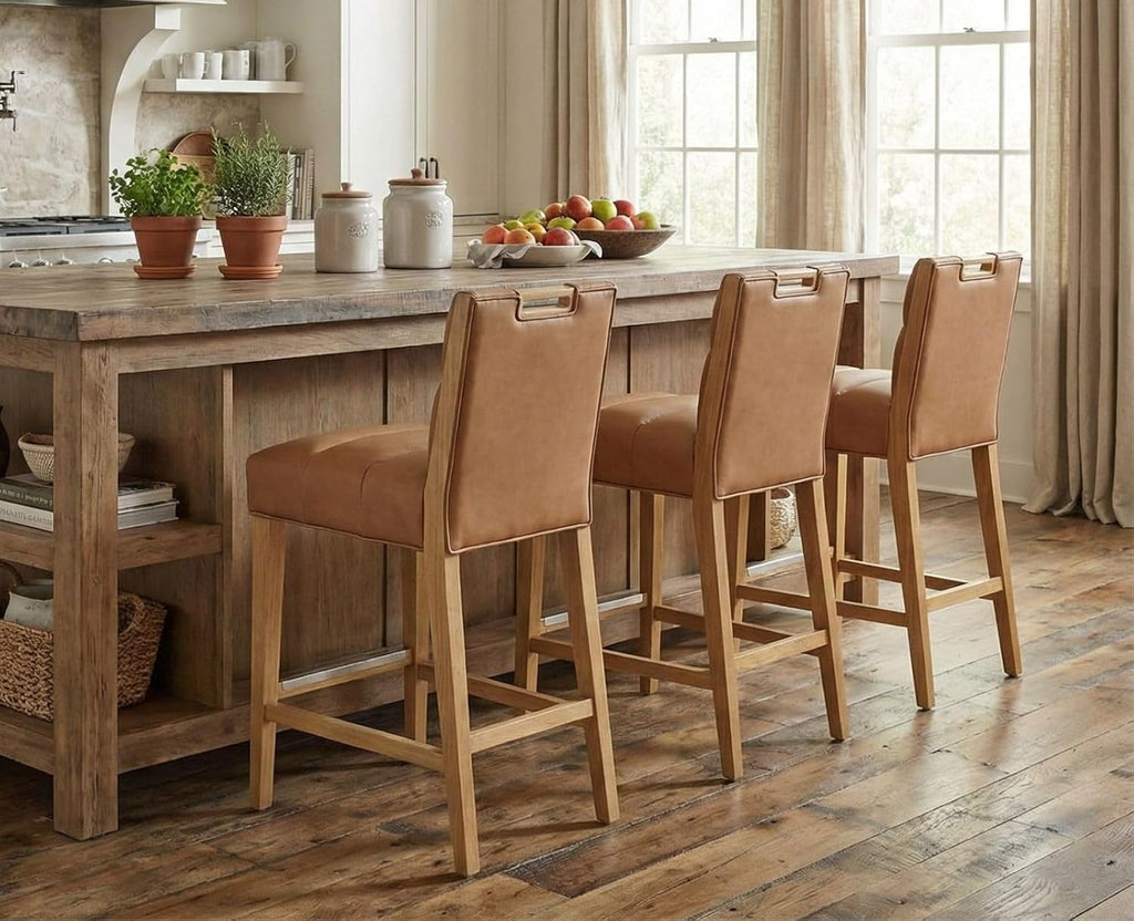 26 Inch Upholstered Modern Bar Stools Set of 3, Wooden Counter Height Barstools with 5" Thick Padded Seat & Cushioned