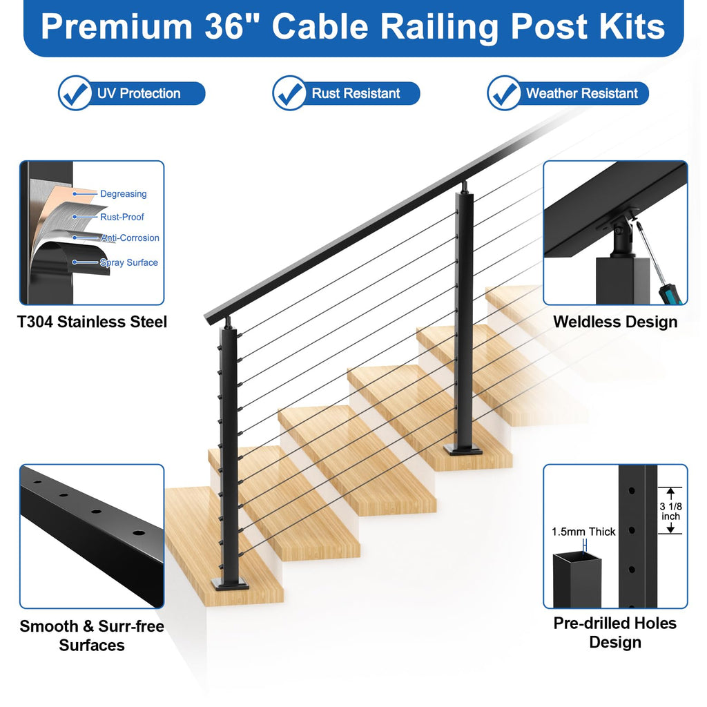 4FT-10FT Complete Set Stair Cable Railing Kit, 36" Black Swageless Cable Railing Kit Includes 2Pack Angle Stair