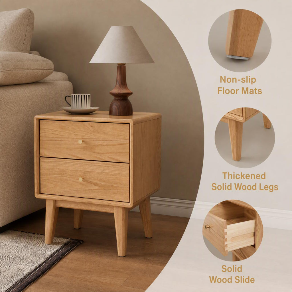 Solid Oak Wood Nightstand Set of 2, Natural Wood Nightstand with 2 Drawers, Mid Century Modern Night Stand, Wood