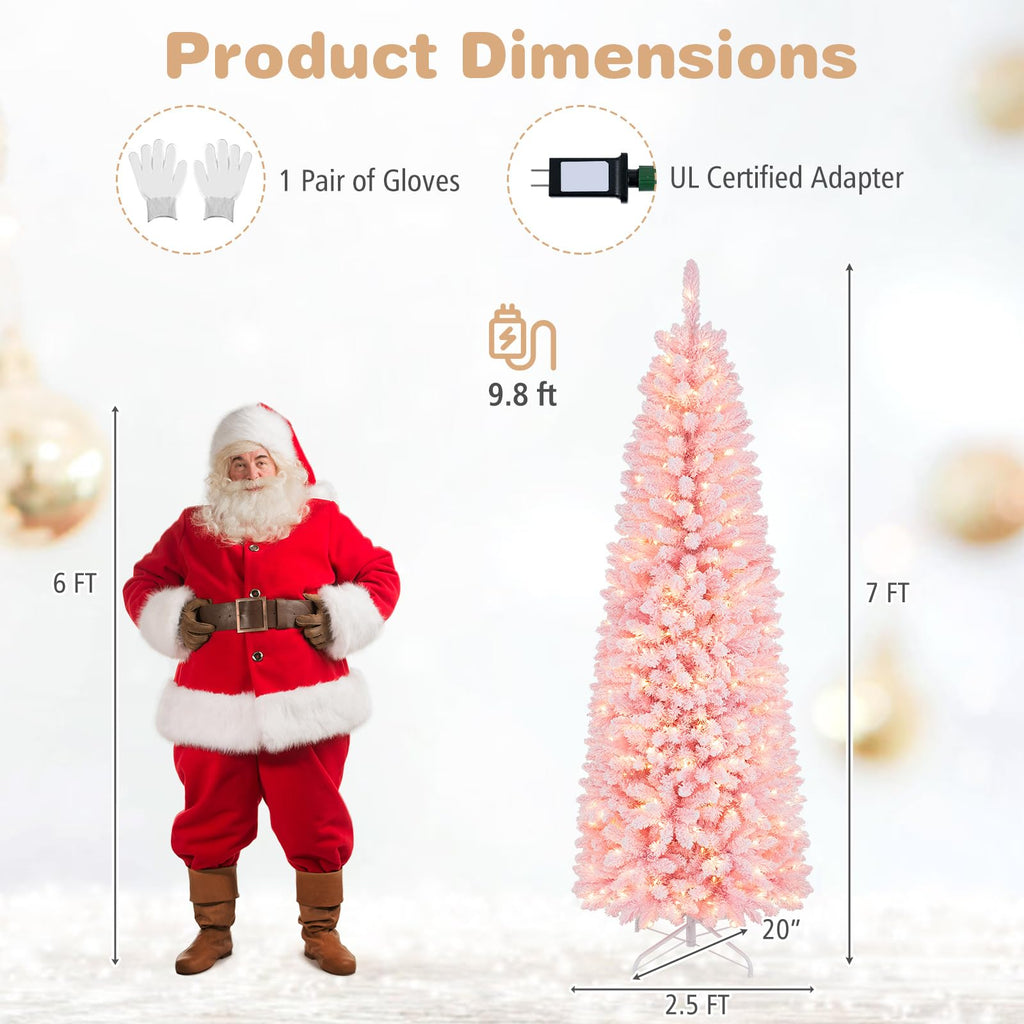 7FT Pre-Lit Pencil Christmas Tree, Snow Flocked Pink Xmas Tree