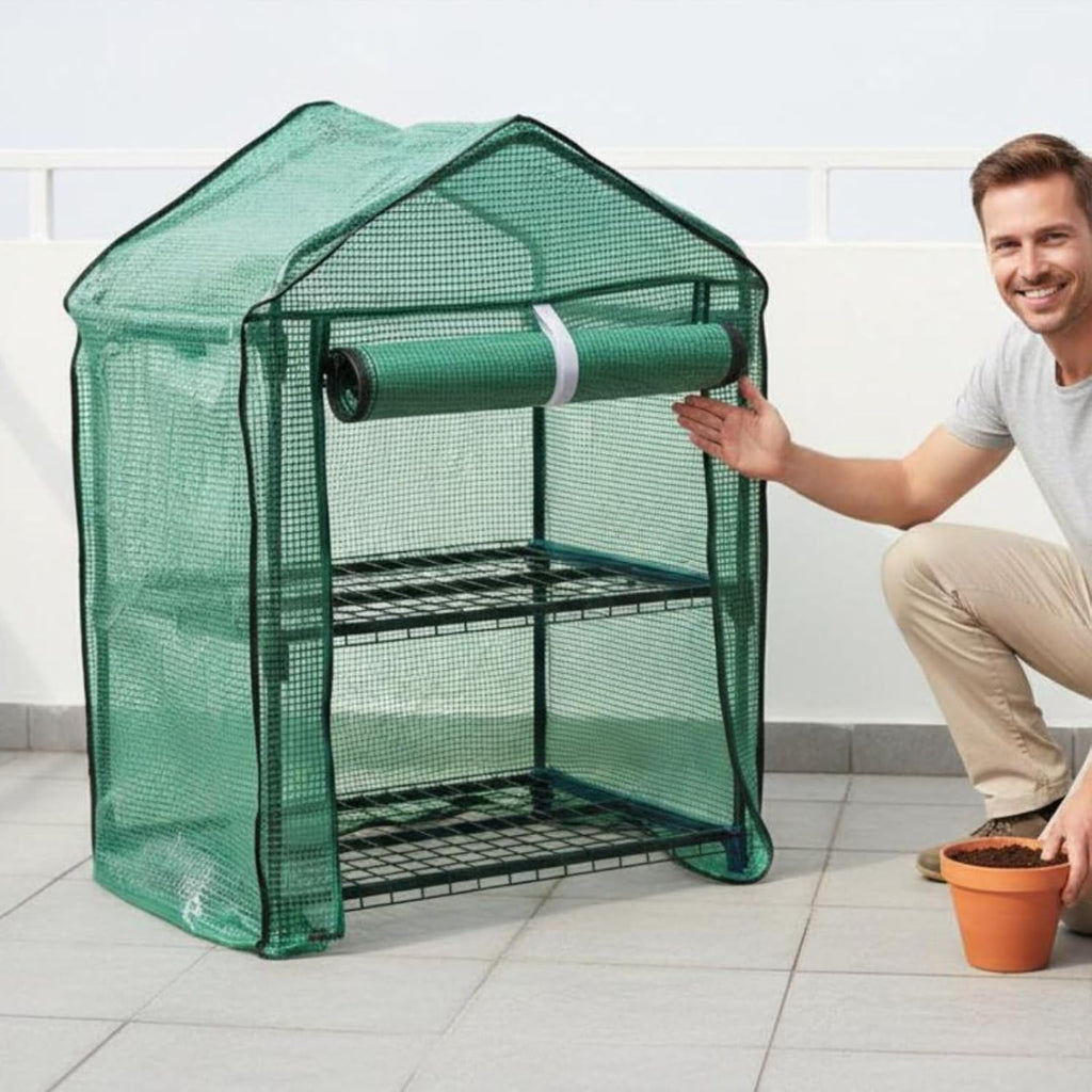 Greenhouse Shelter Mini Greenhouse Plant Shelter Garden Cover Balcony Tent Two Shelves PE Cover and Metal Frame Help