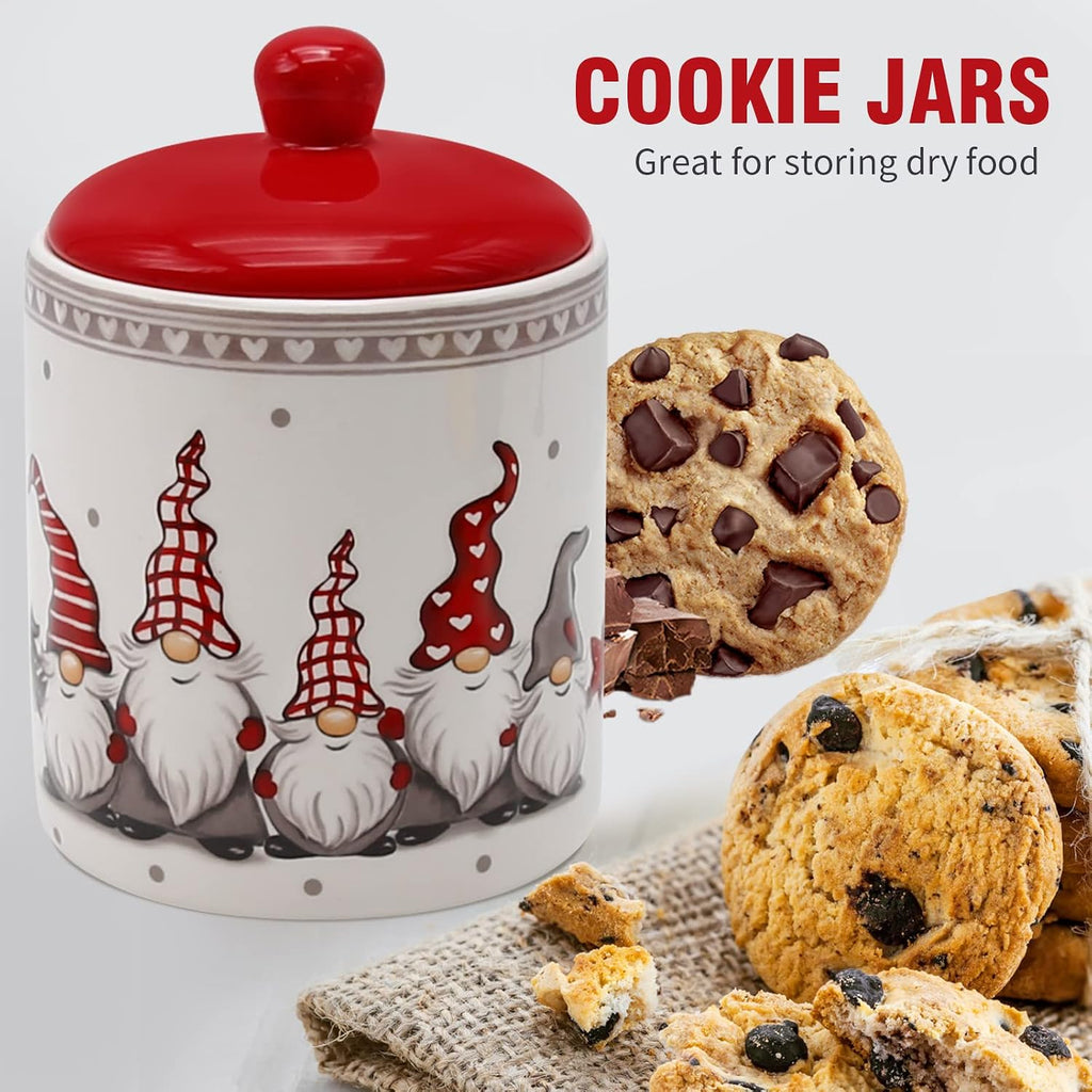 Christmas Cookie Jar, Red & White Ceramic Canister with Lid