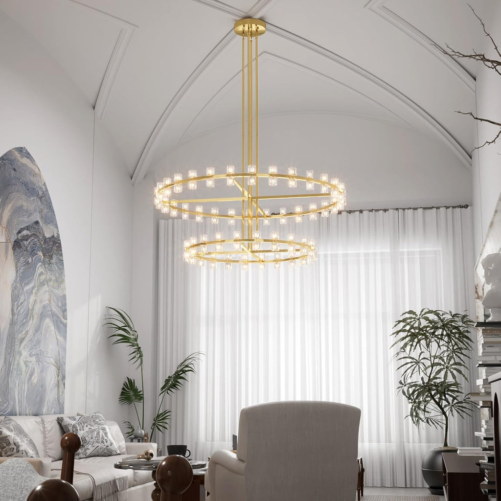 Inspired Arcachon Style 2-Tier Round Wagon Wheel Chandelier, 48" + 59" 108-Light Gold — Foyer, Great Room & Dining