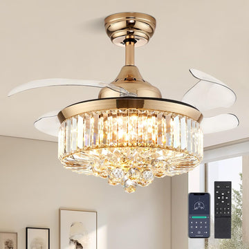 36" Gold Crystal Ceiling Fans with Lights Retractable invisible Blades Fandelier Dimmable Chandelier Fan with Remote