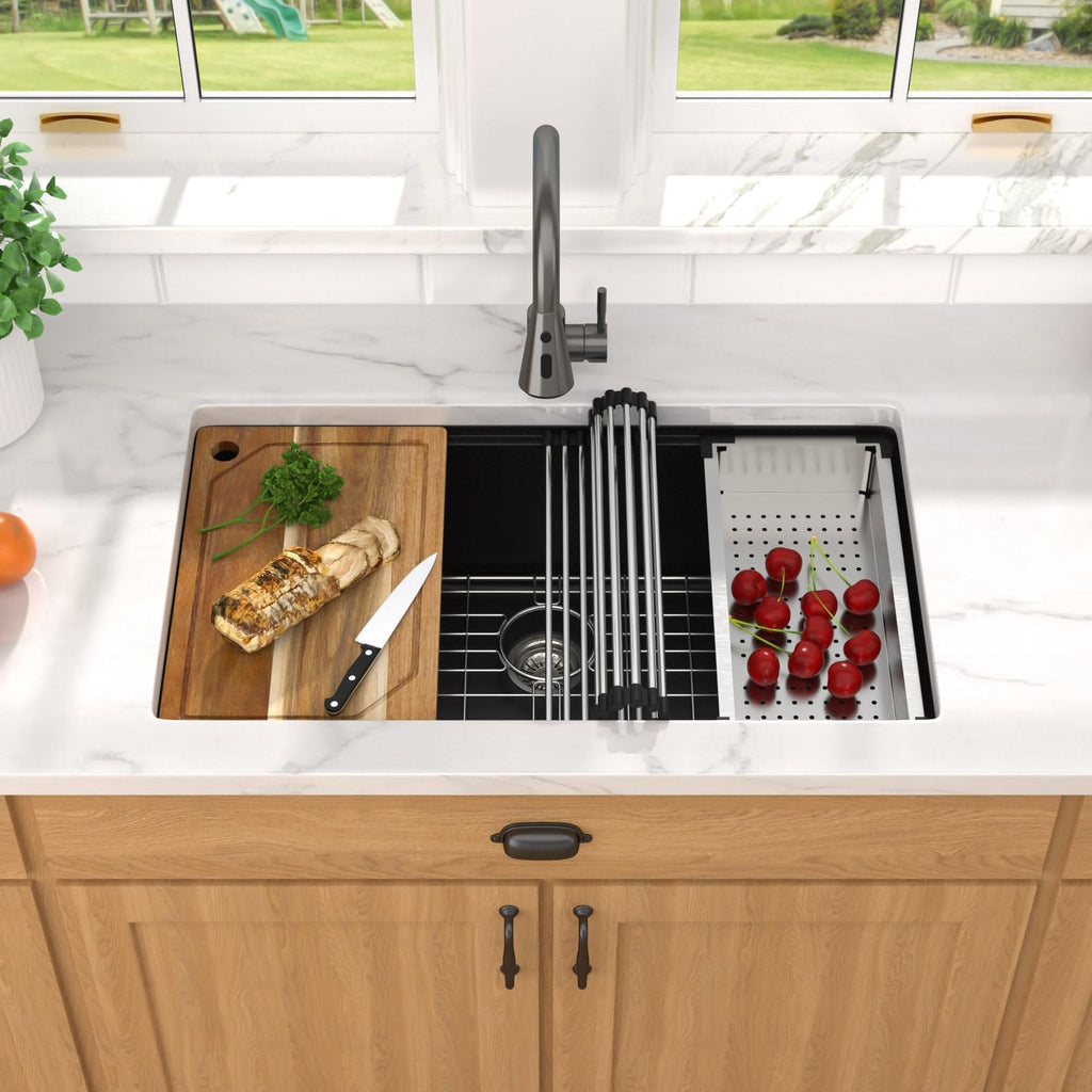32x19" Black Undermount Kitchen Sink, Granite Composite Workstation