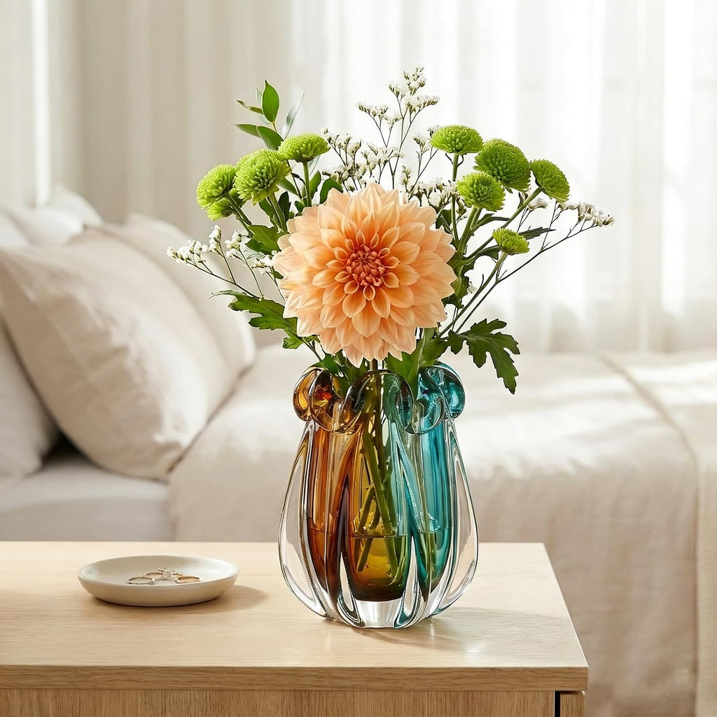 Hand Blown Glass Vase, Murano-Style Colorful Art Glass Centerpiece, Heavy Large Wide Mouth Ruffle Rim, Teal Turquoise