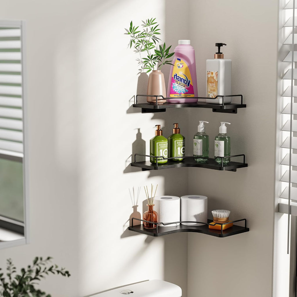 L-Shaped Corner Floating Shelves Set of 3,Rustic Wood Wall Mounted Storage Shelves,Display Shelf (Black)