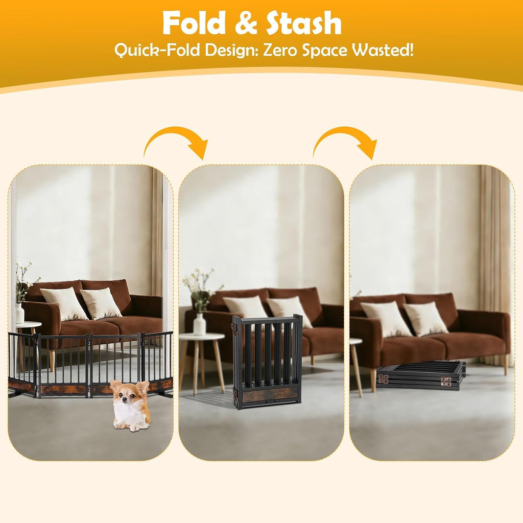 Freestanding Short Dog Gate, 16" Tall Pet Gate Indoor with Support Feet Easily Step Over, 4 Panel Metal Wood Foldable