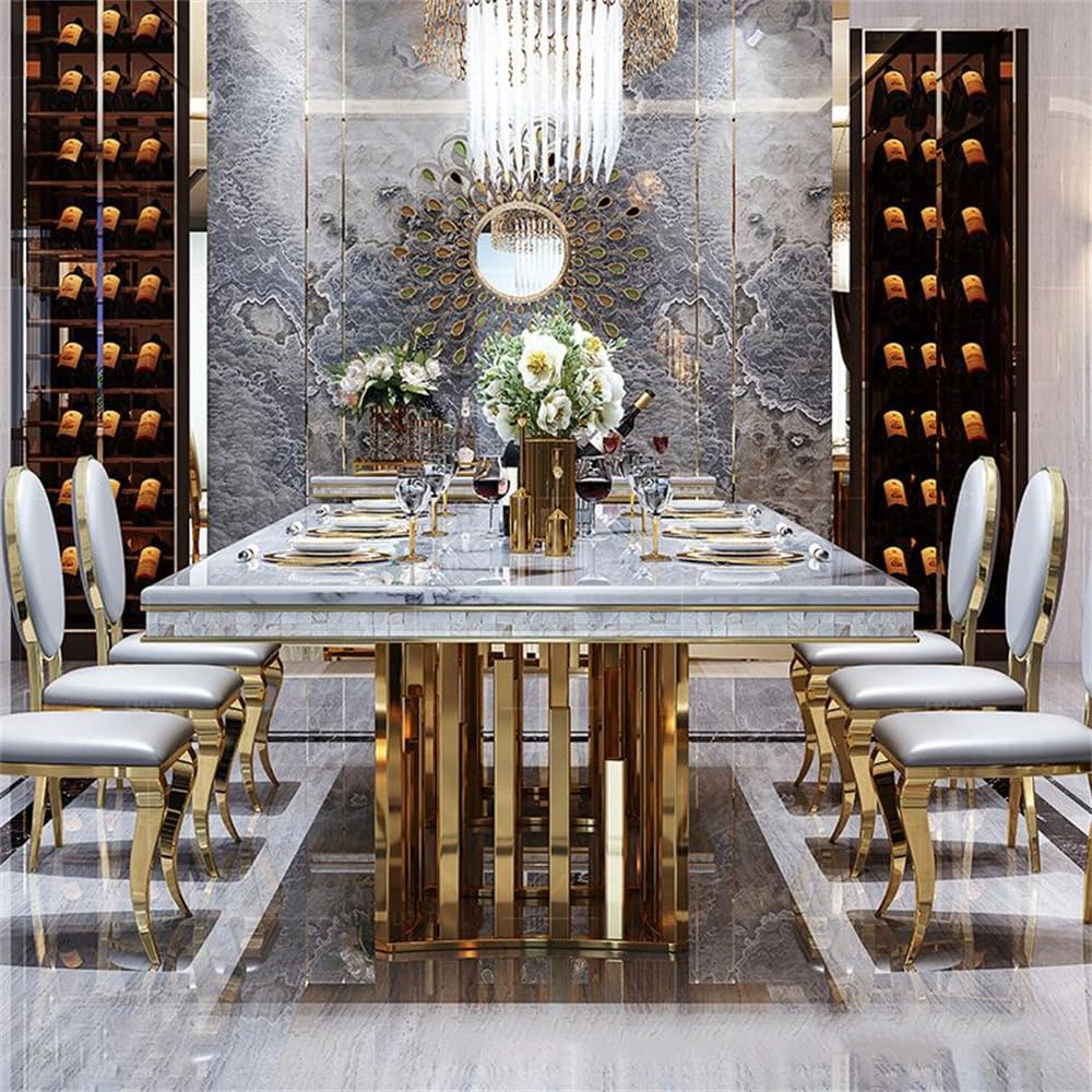 Luxury Style Marble Dining Table Modern Rectangle Kitchen Dining Room Table Gold Metal Pedestal Table-Table