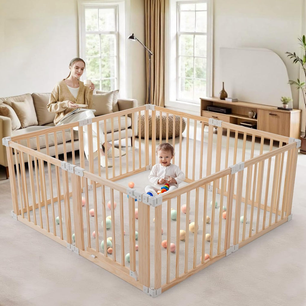 Foldable Wooden Playpen-61"x61"x25"-Large Baby Gate Playpen with Child-Proof Lock-Easy Assembly, Portable Design for
