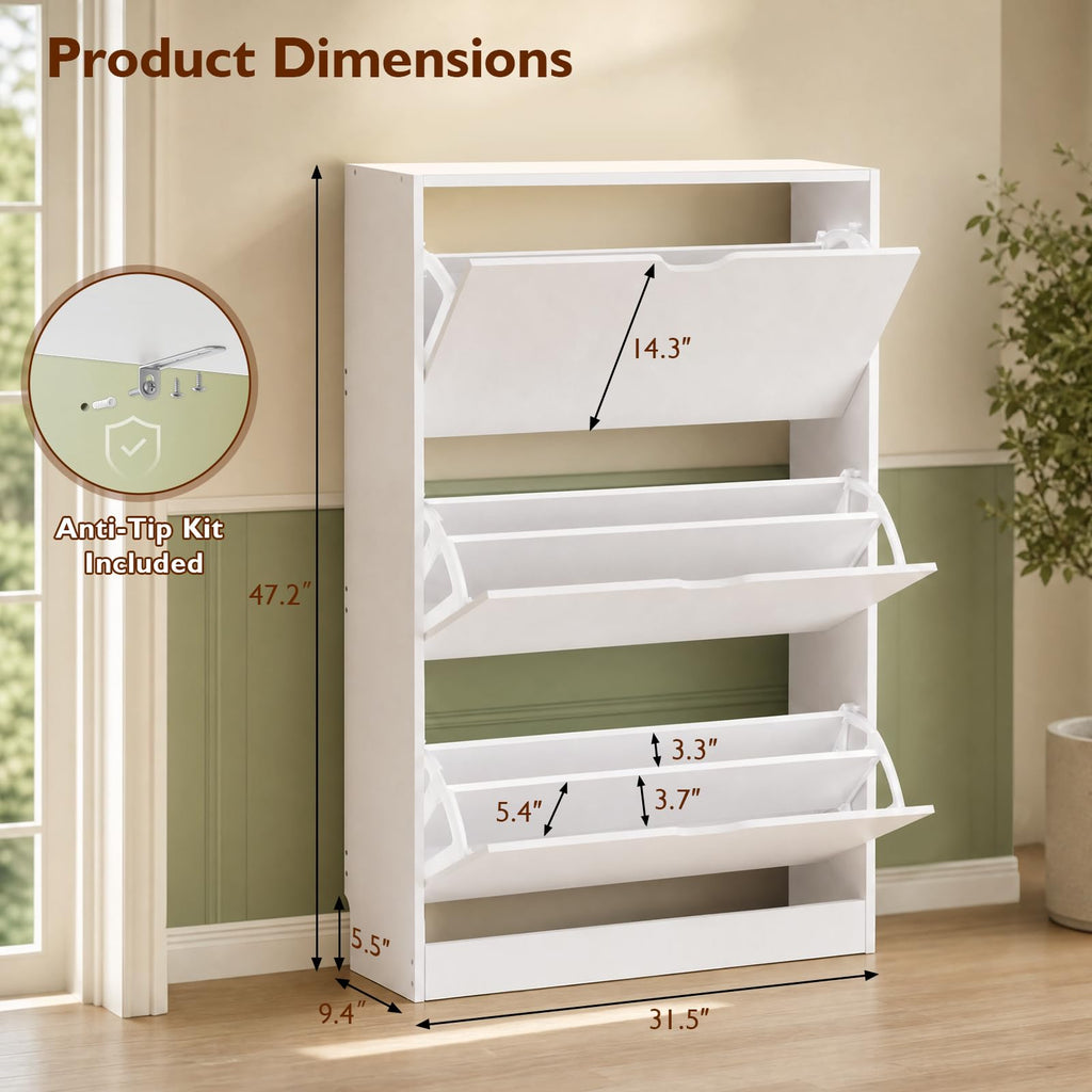 Shoe Storage Cabinet with 3 Flip Drawers Slim, White