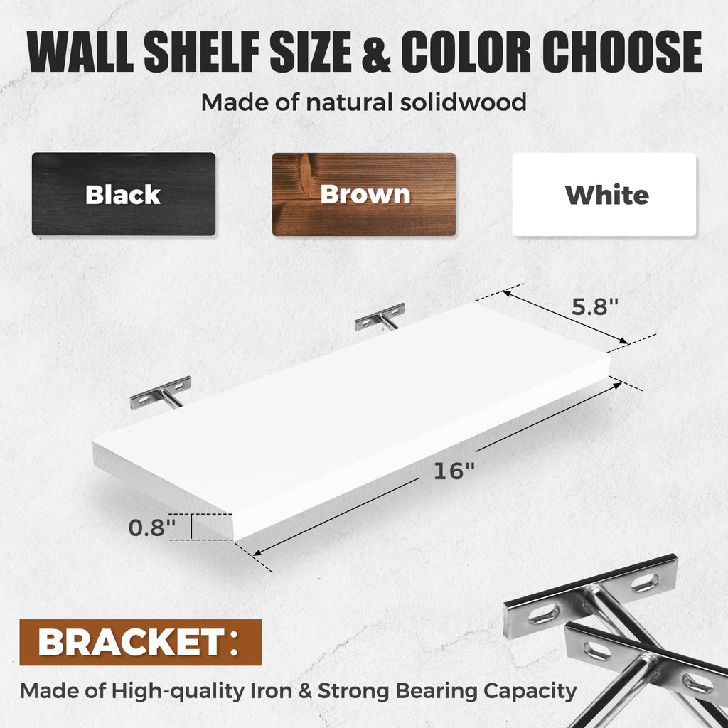 16x5.8x0.8in Floating Wall Shelves Rustic Solid Wood 4-Pack, White