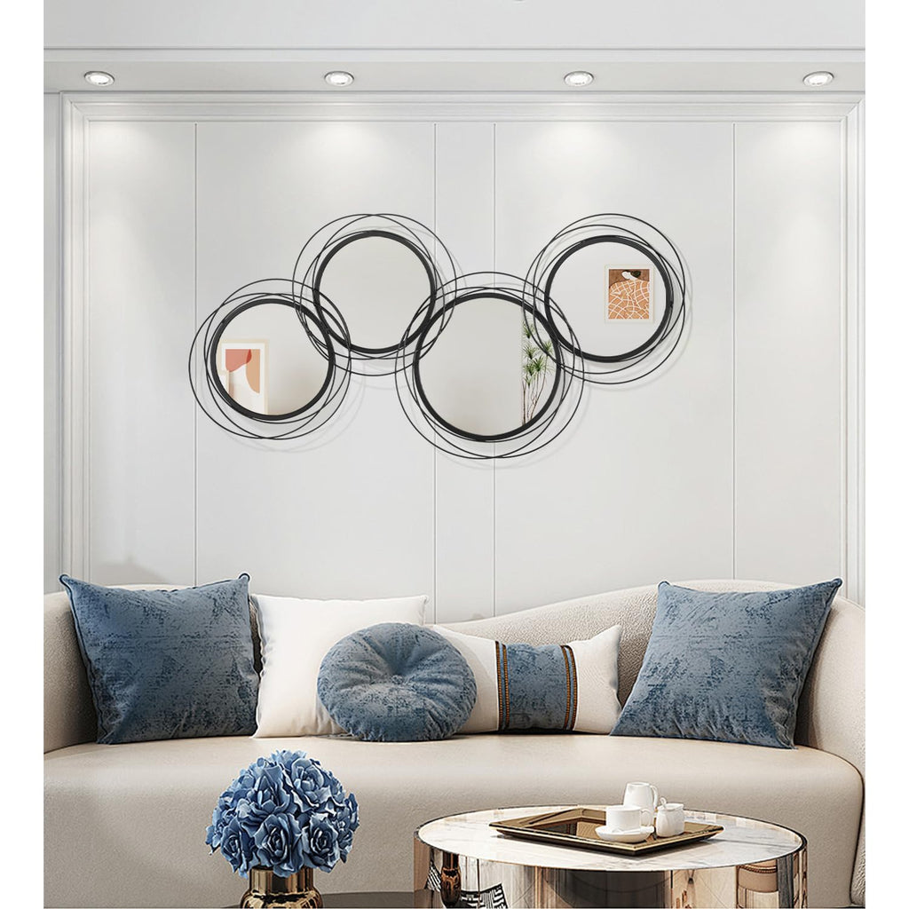 Round Decorative Wall Mirror, Black 4 Pcs Circle Modern Mirror Wall Art Ring Metal Mirrors Wall Mounted Bedroom