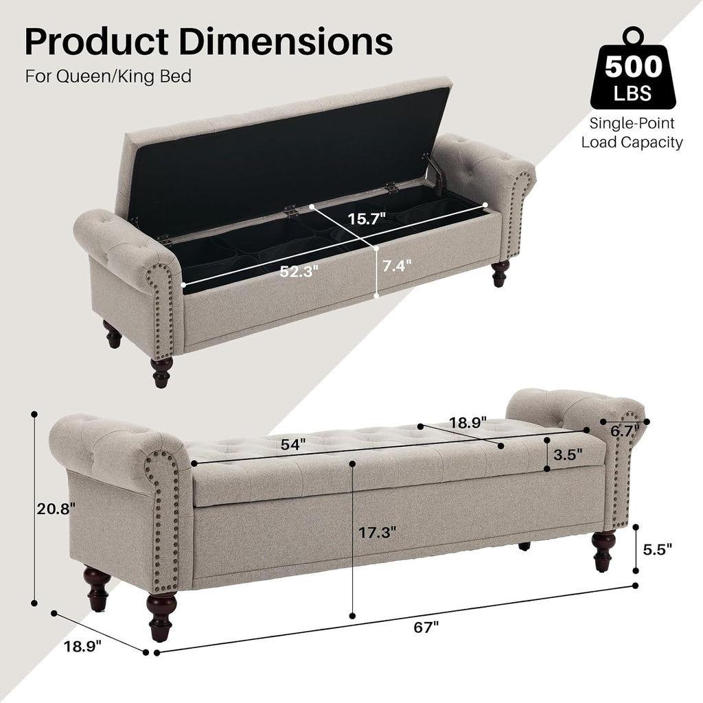 67" Storage Bench , Linen Upholstered, Light Brown | King Size End of Bedroom Bed Bench Ottoman with Tufted Cushioned