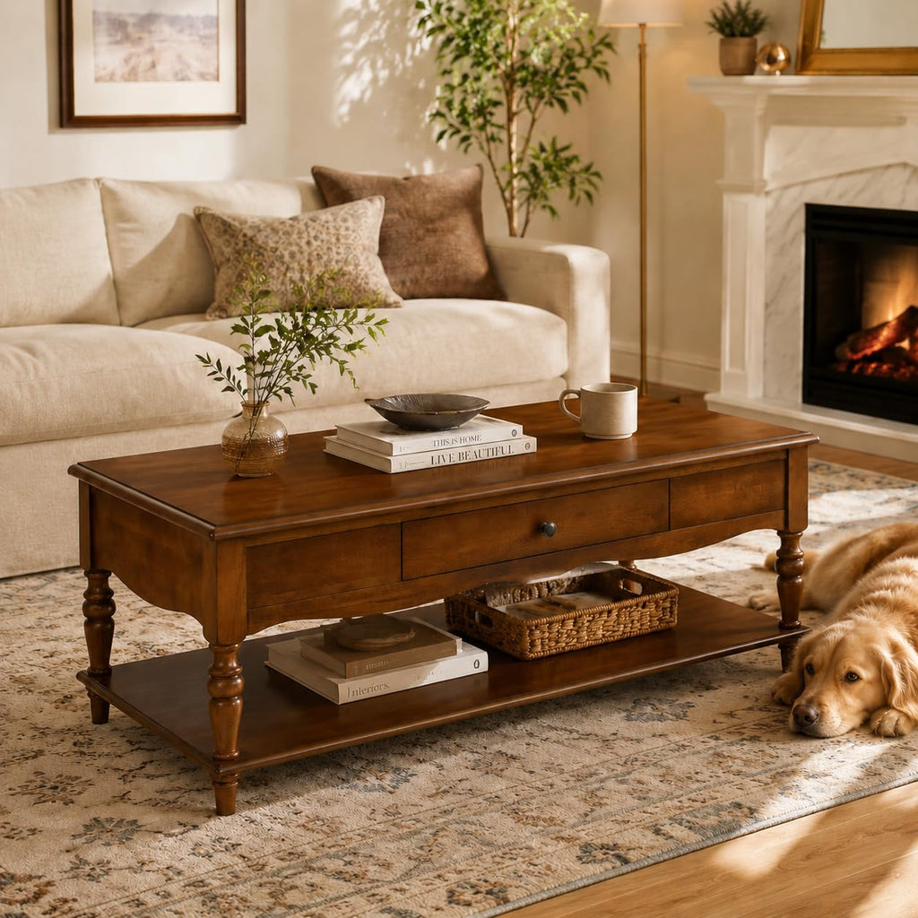 Solid Wood Coffee Table, Cherry Wood Coffee Table Cocktail Table with Storage Shelf, Victorian Style Coffee Tables