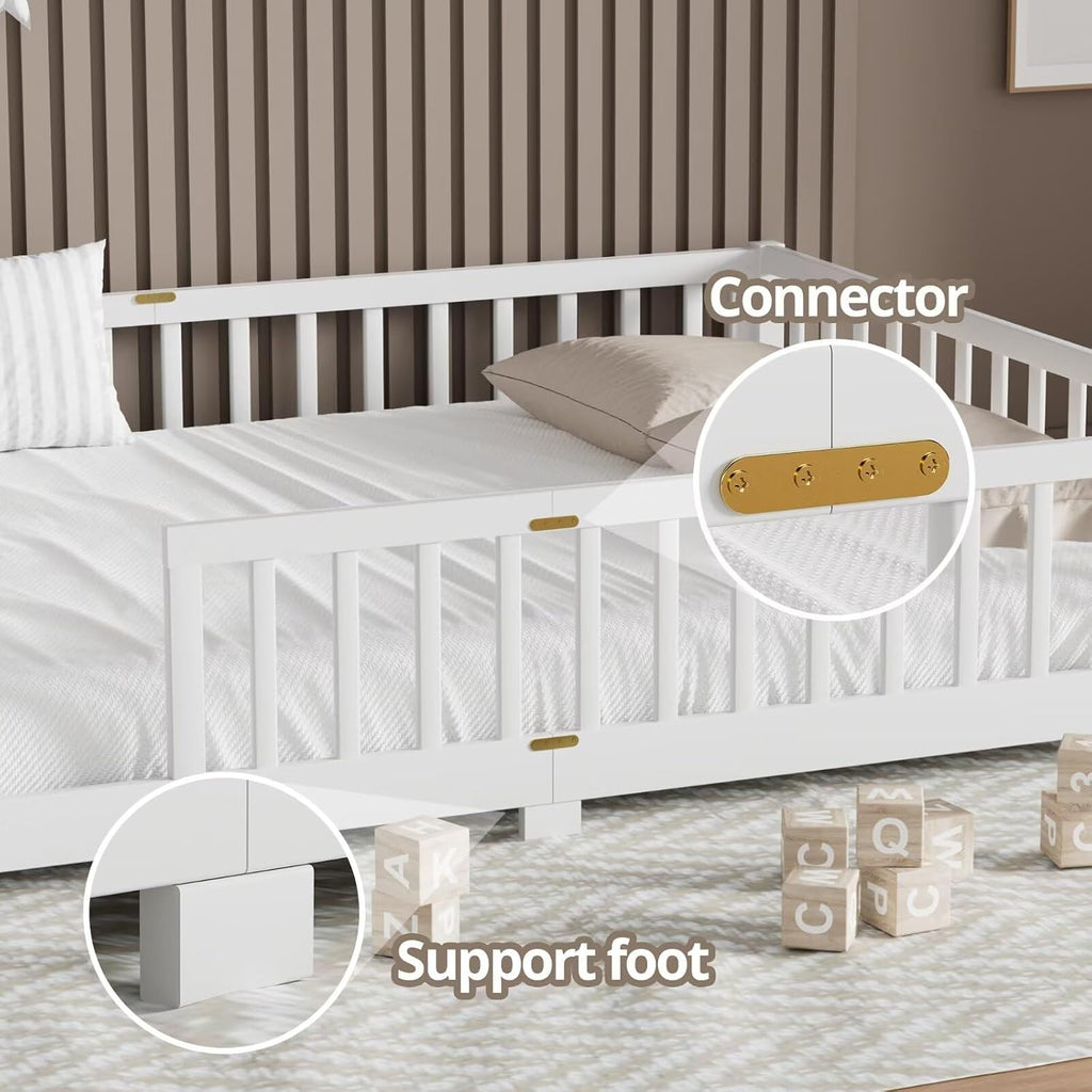 Floor Bed for Teenager, Solid Wood Multifunctional Bed Frame with Safety Guardrails, Without Door, Easy