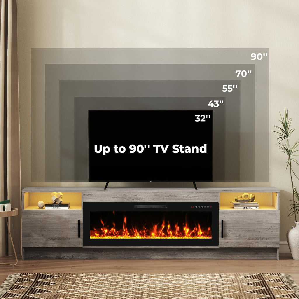 Electric, 80" TV Fireplace Stand Entertainment Center Console with 42" Electric Heater, LED Light/Storage Cabinet